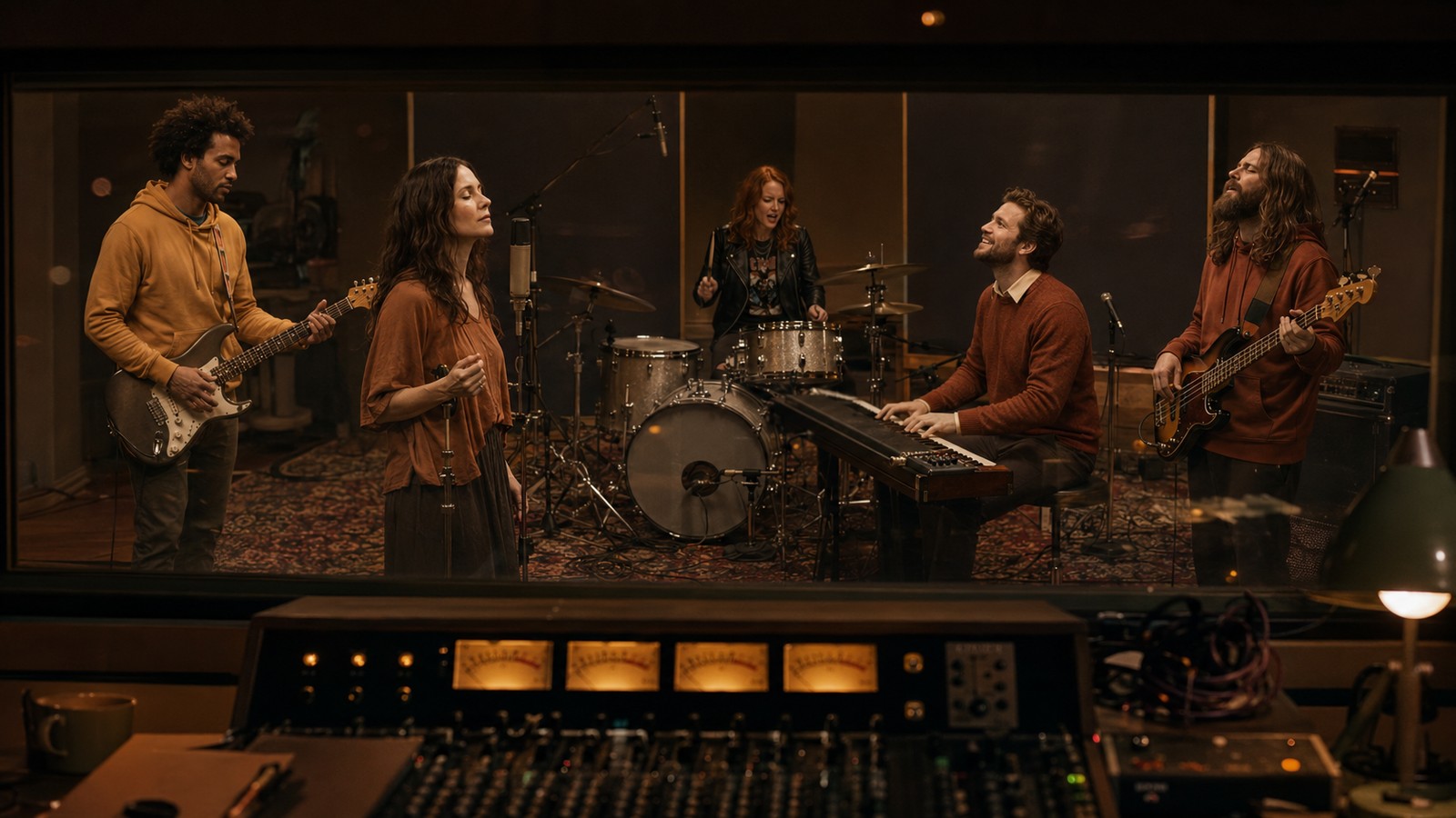 Los cinco miembros de Dicotomsoul tocando en una sesión de estudio: Robert, Asia, Claudia, Esteban y Braulio